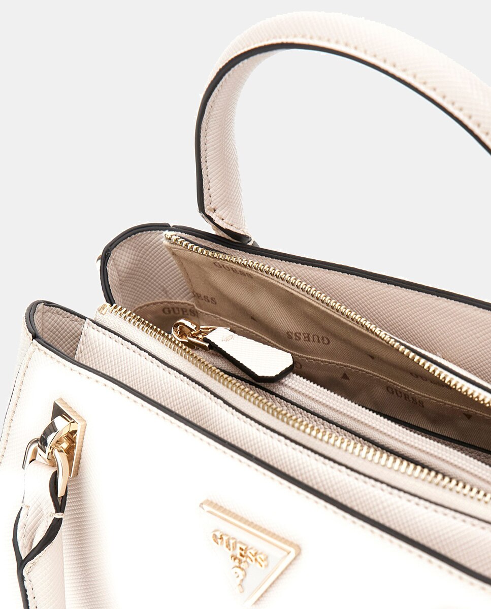 Mala de Acabamento Saffiano com Alça Comprida e Conta Amovível Bege-4