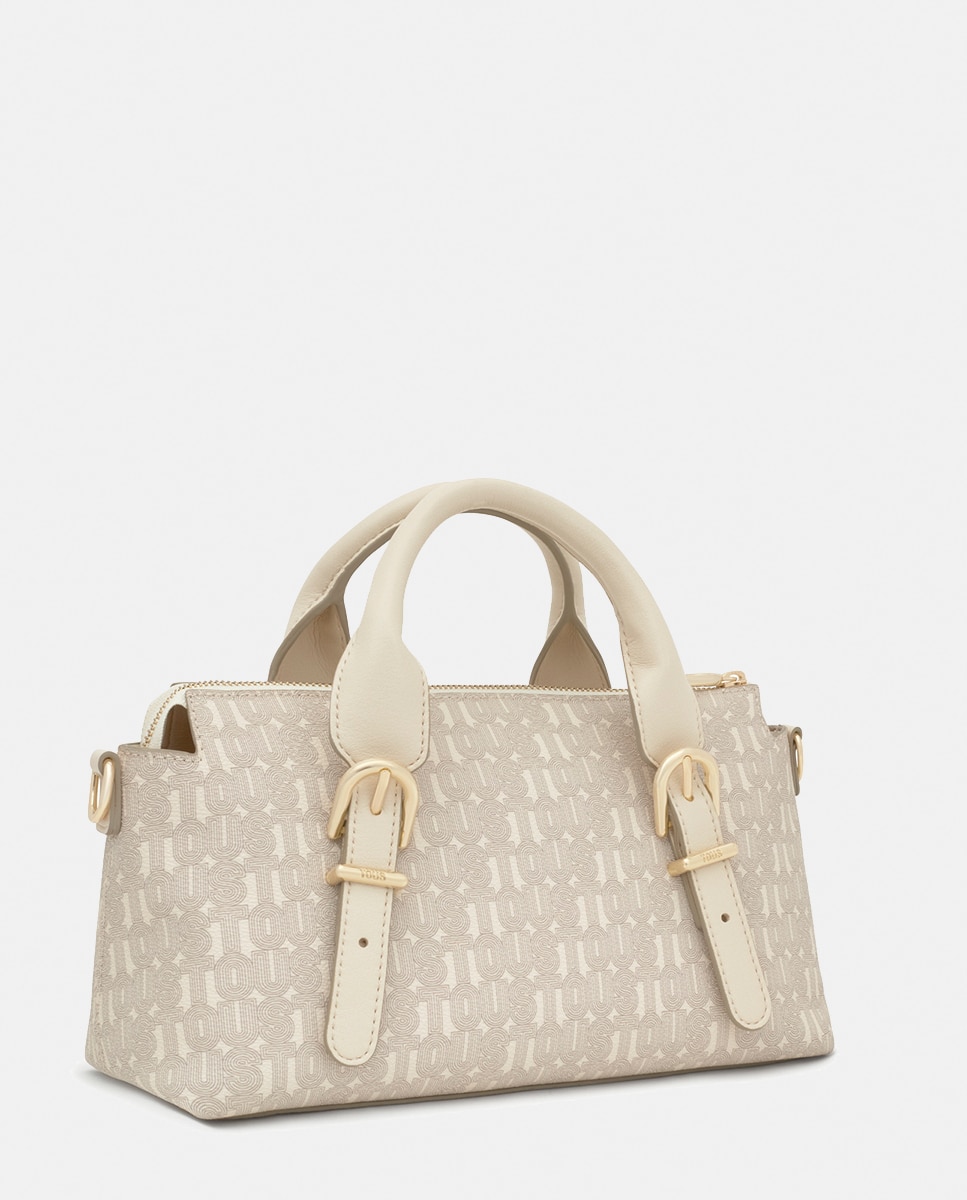 Mala Tipo Bowling Média com Fecho de Correr e Alça Curta Bege-2