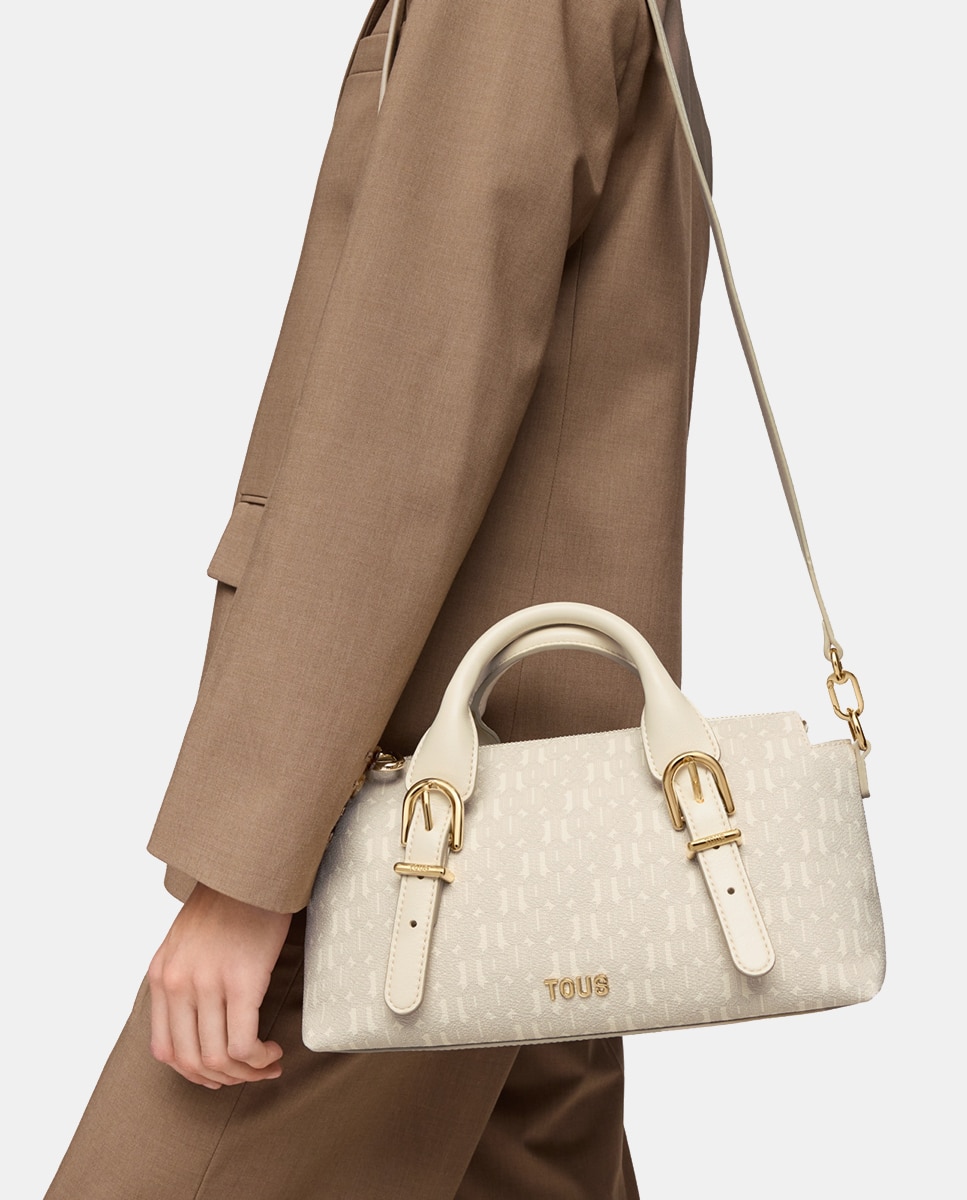 Mala Tipo Bowling Média com Fecho de Correr e Alça Curta Bege-4