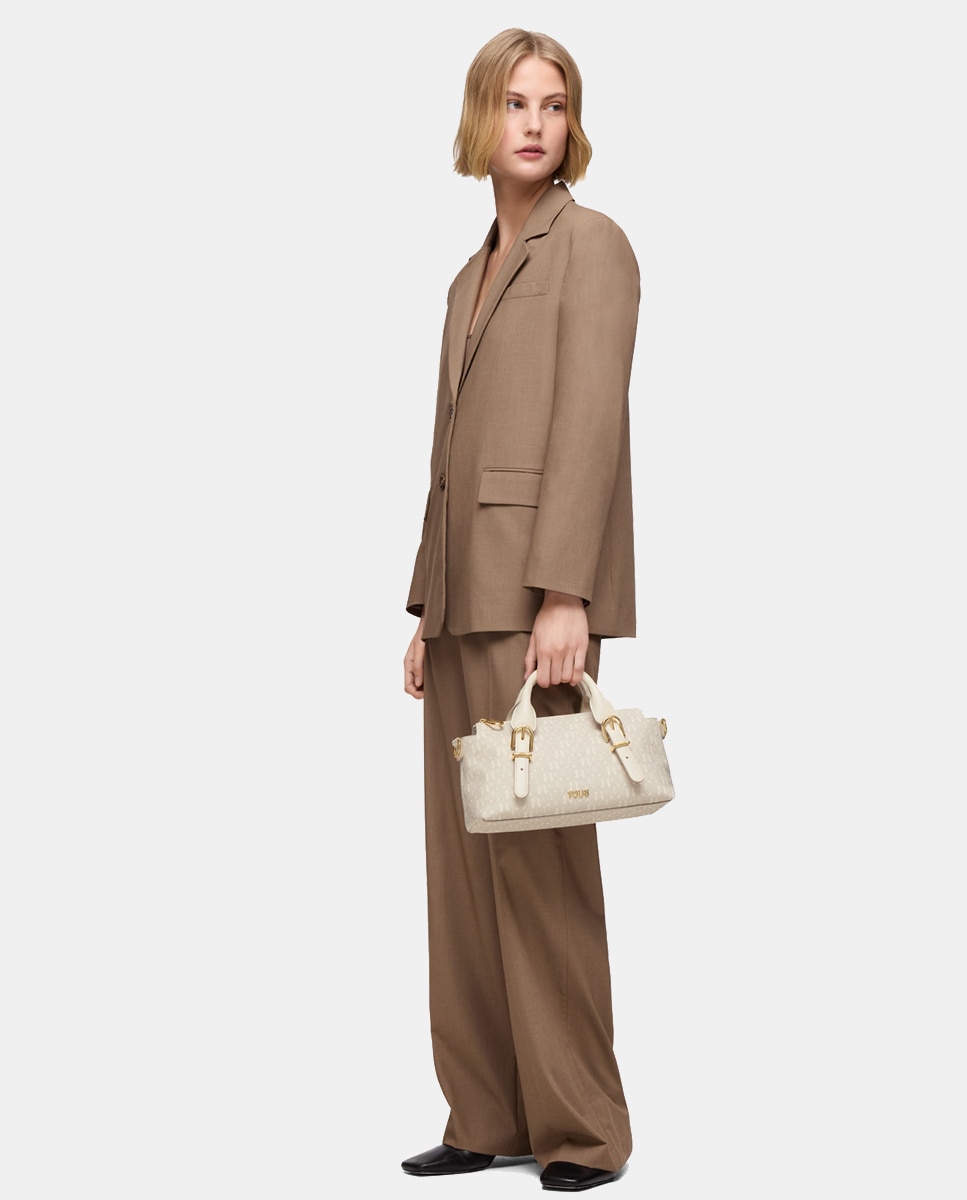 Mala Tipo Bowling Média com Fecho de Correr e Alça Curta Bege-6