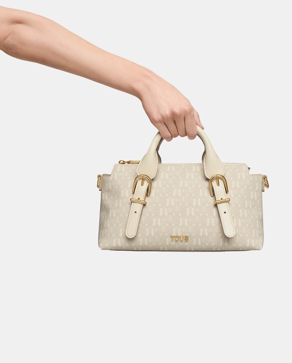 Mala Tipo Bowling Média com Fecho de Correr e Alça Curta Bege-7