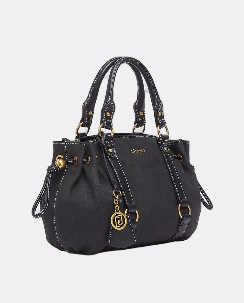 Mala com Efeito de Pele com Lavagem, Detalhes de Correias e Alça Ajustável Amovível Preto-2