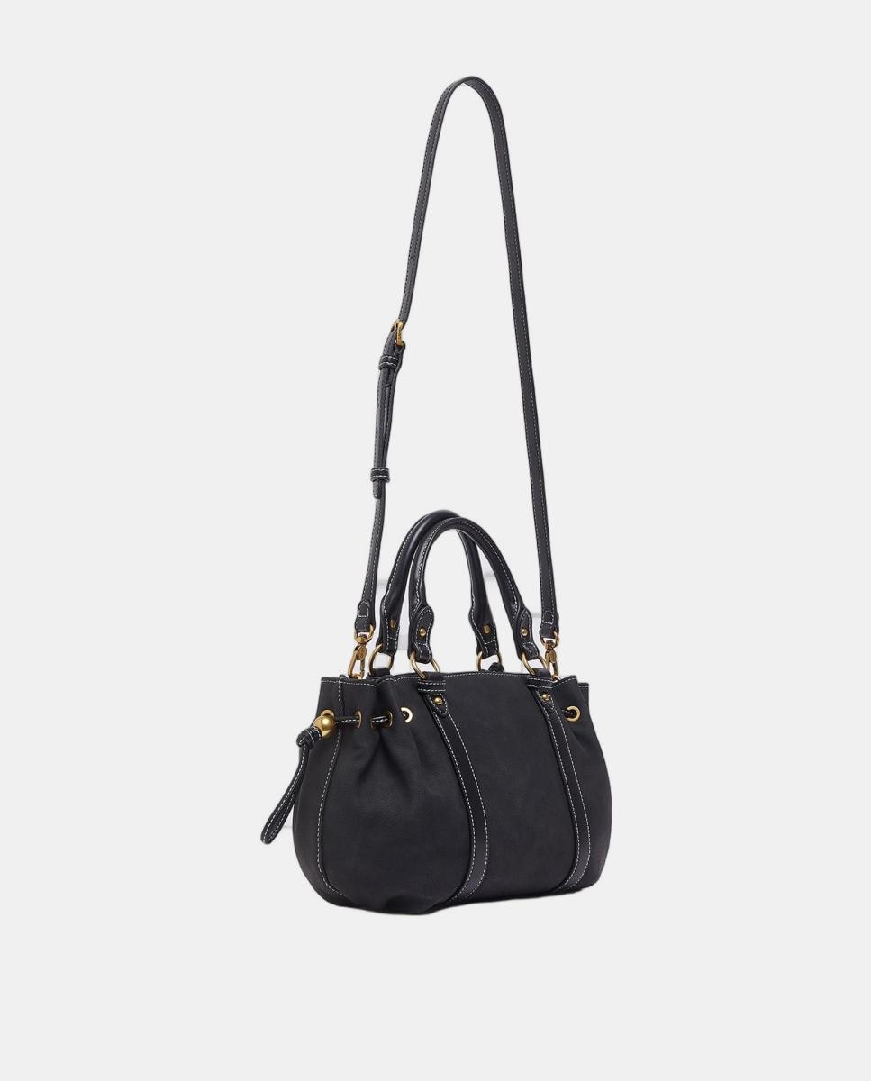 Mala com Efeito de Pele com Lavagem, Detalhes de Correias e Alça Ajustável Amovível Preto-3