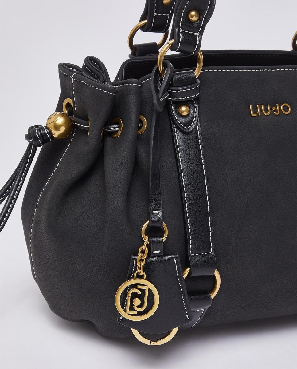 Mala com Efeito de Pele com Lavagem, Detalhes de Correias e Alça Ajustável Amovível Preto-4