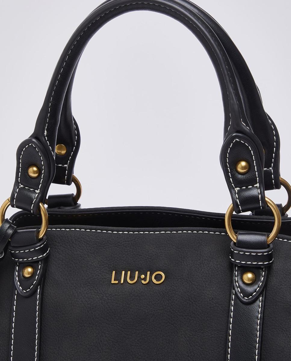 Mala com Efeito de Pele com Lavagem, Detalhes de Correias e Alça Ajustável Amovível Preto-5