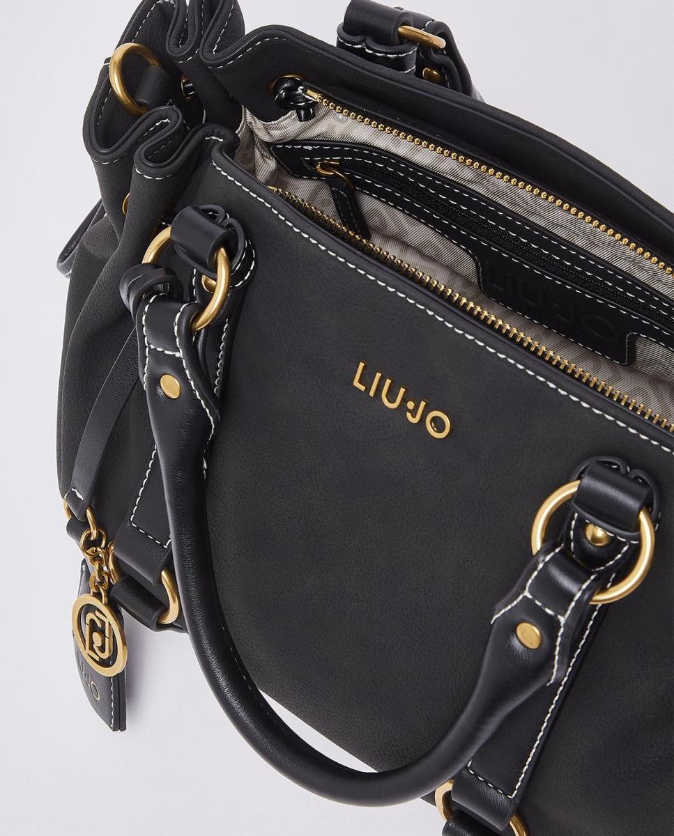 Mala com Efeito de Pele com Lavagem, Detalhes de Correias e Alça Ajustável Amovível Preto-6