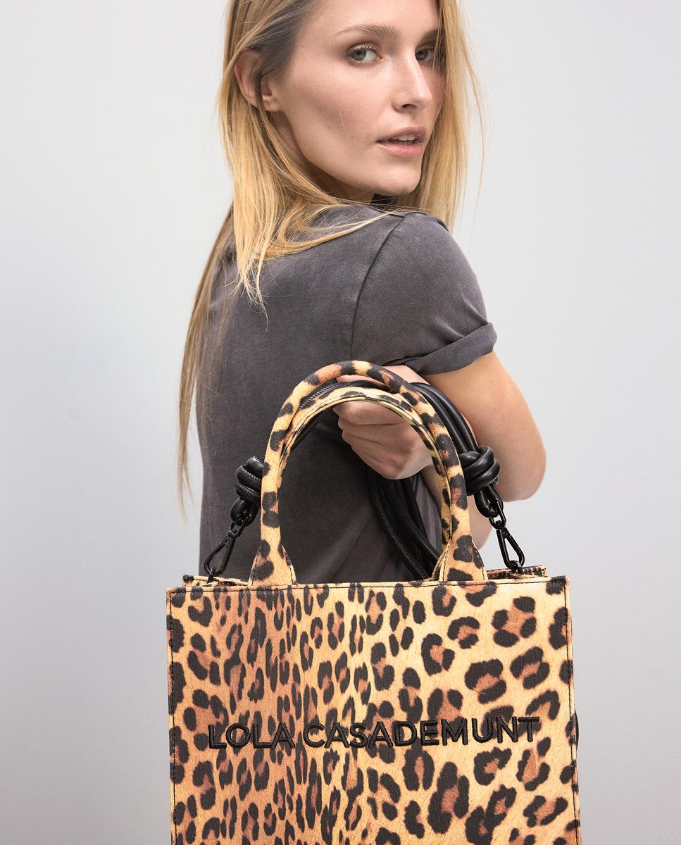 Mini Mala Shopper em Tecido com Animal Print de Leopardo Castanho-claro-3