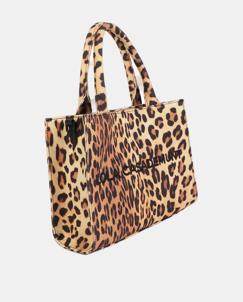 Mini Mala Shopper em Tecido com Animal Print de Leopardo Castanho-claro-5