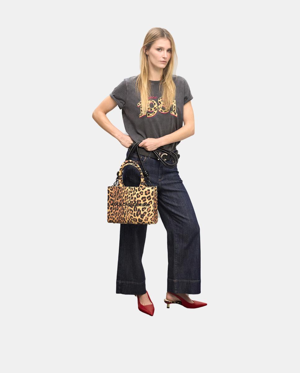 Mini Mala Shopper em Tecido com Animal Print de Leopardo Castanho-claro-11