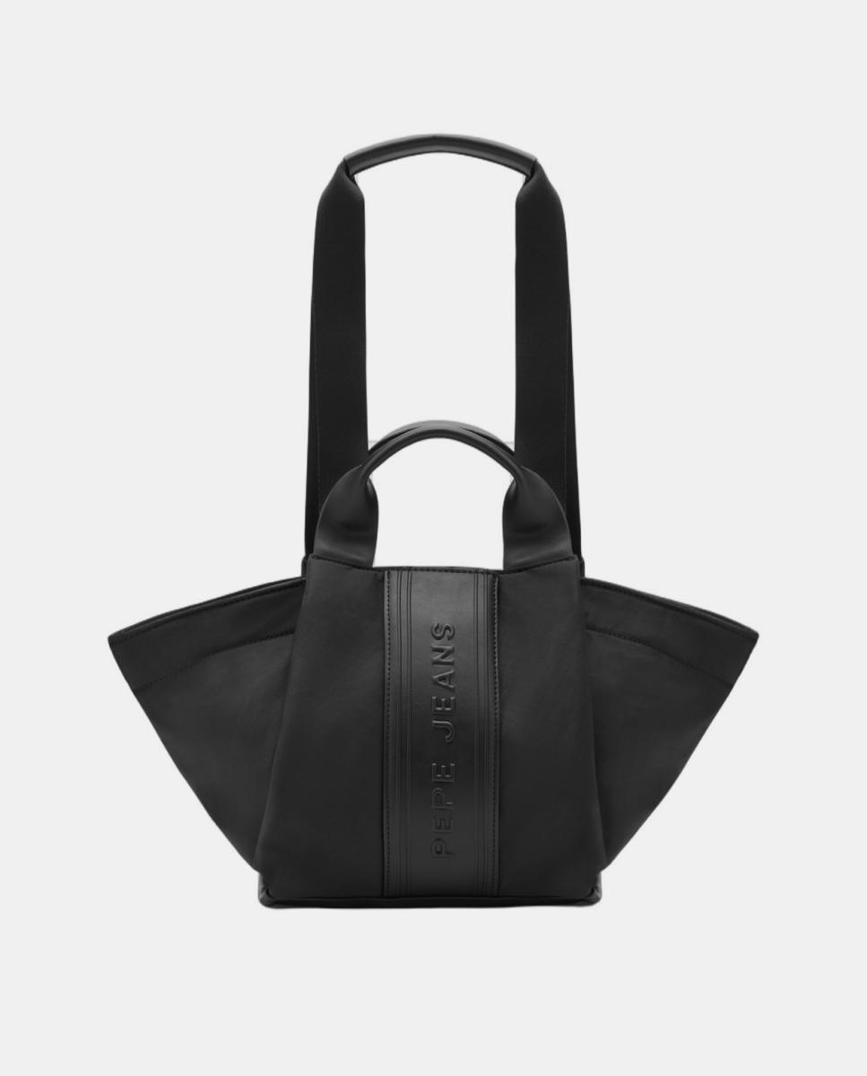 Mala Shopper de Alça Dupla com Fita Central com Logótipo da Marca Preto-2