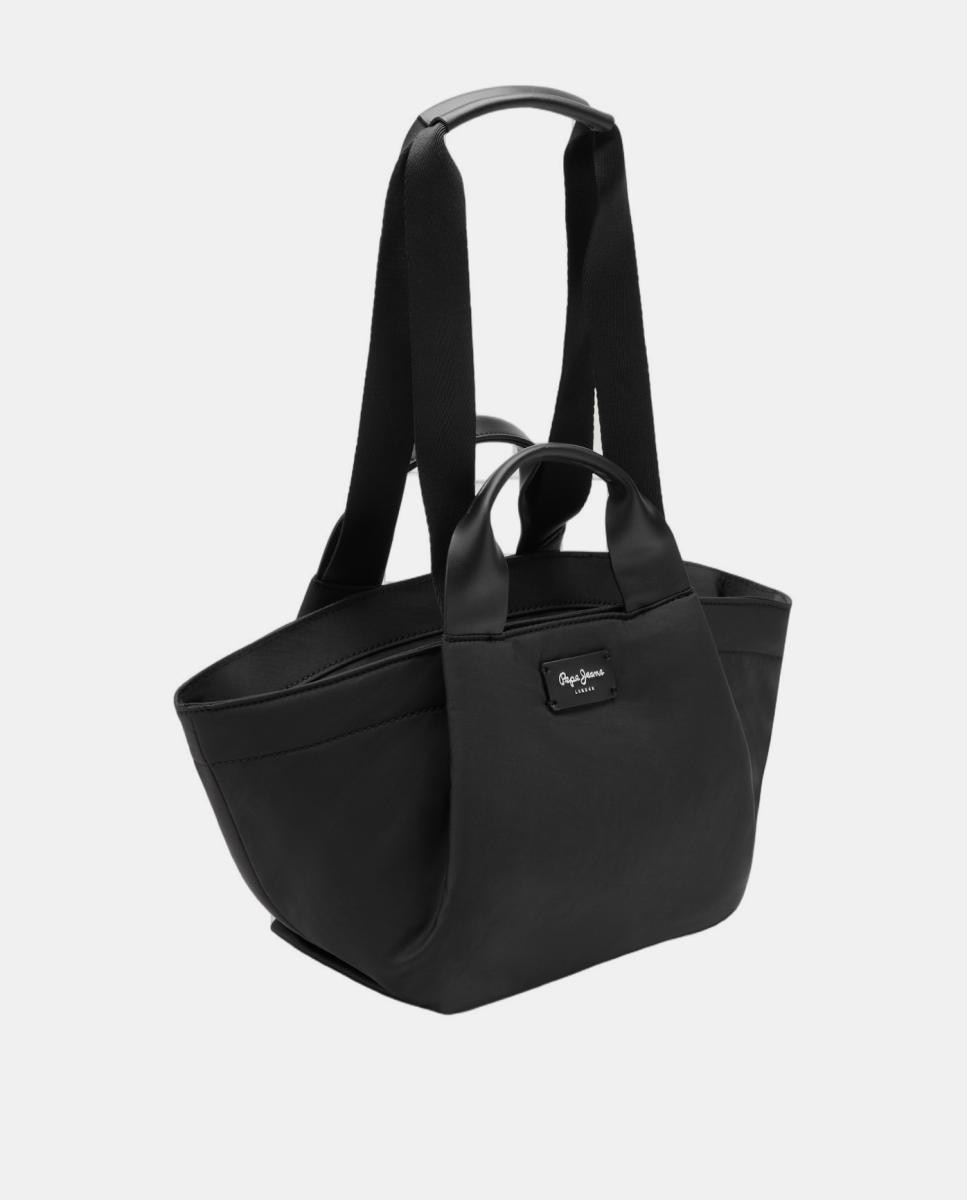 Mala Shopper de Alça Dupla com Fita Central com Logótipo da Marca Preto-3