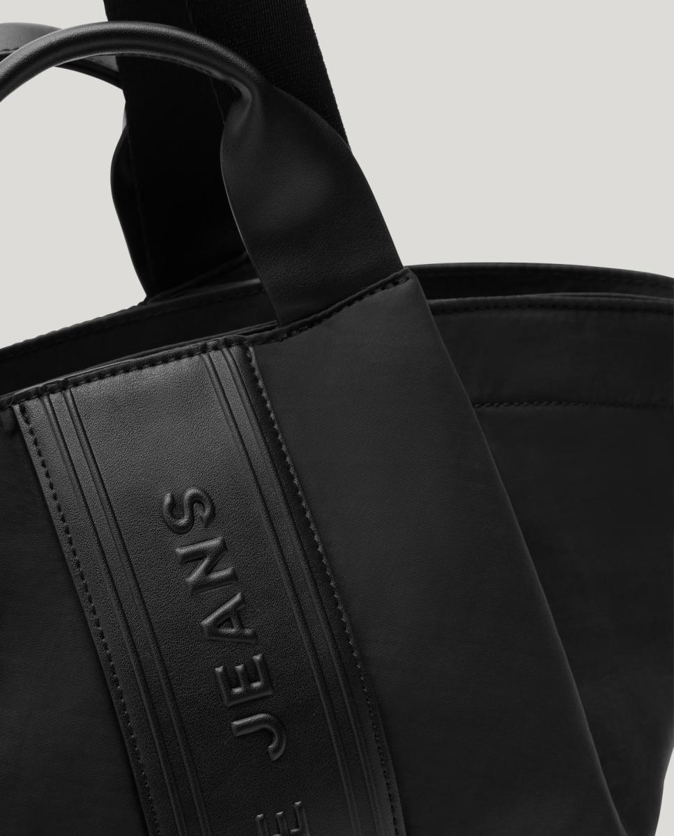 Mala Shopper de Alça Dupla com Fita Central com Logótipo da Marca Preto-4