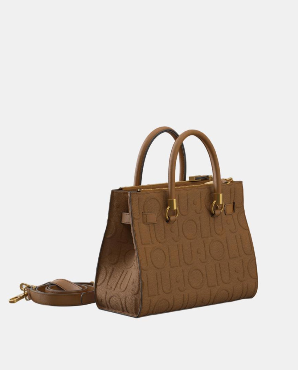 Mala Tipo Satchel Média com Estampado de Logótipo em Relevo Castanho-2