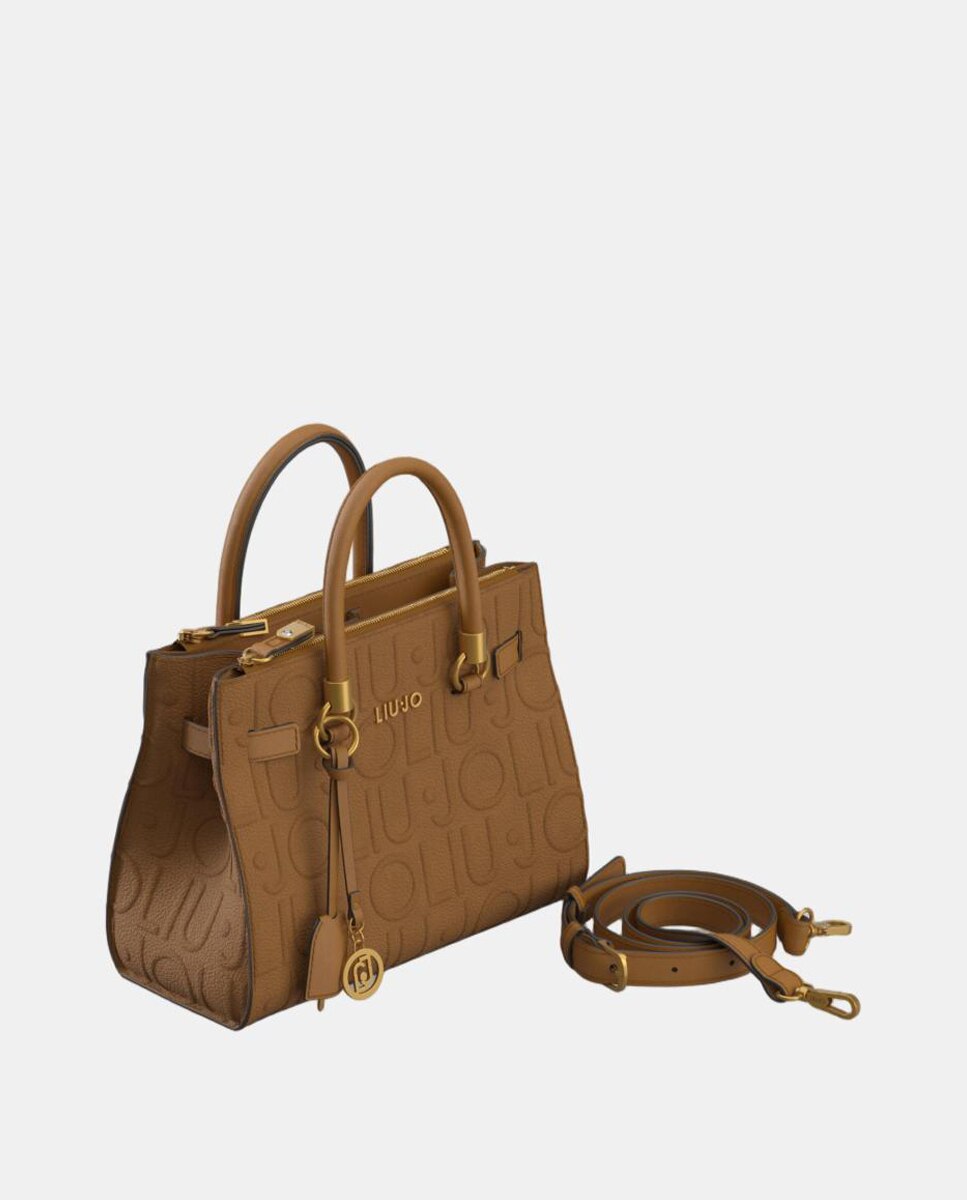 Mala Tipo Satchel Média com Estampado de Logótipo em Relevo Castanho-3