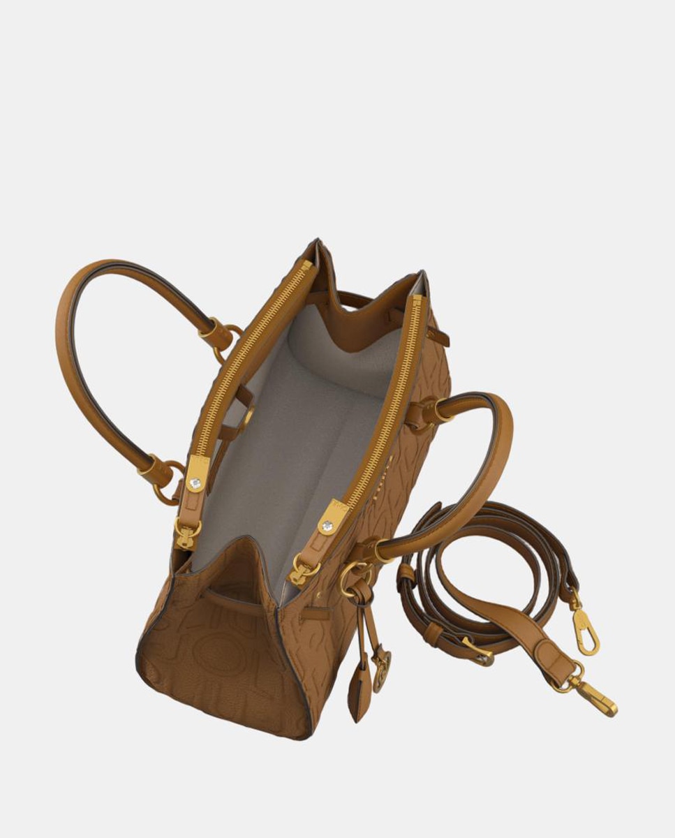 Mala Tipo Satchel Média com Estampado de Logótipo em Relevo Castanho-4