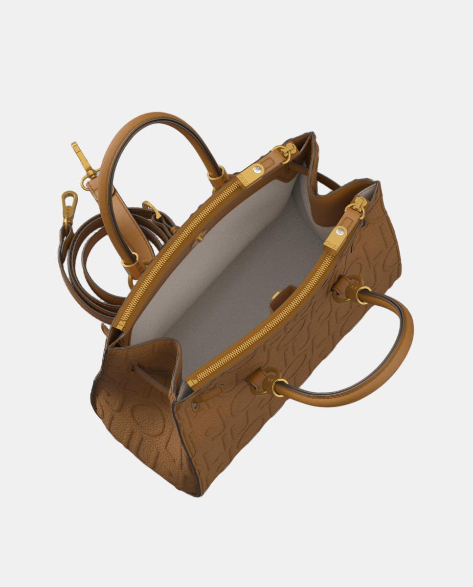 Mala Tipo Satchel Média com Estampado de Logótipo em Relevo Castanho-5