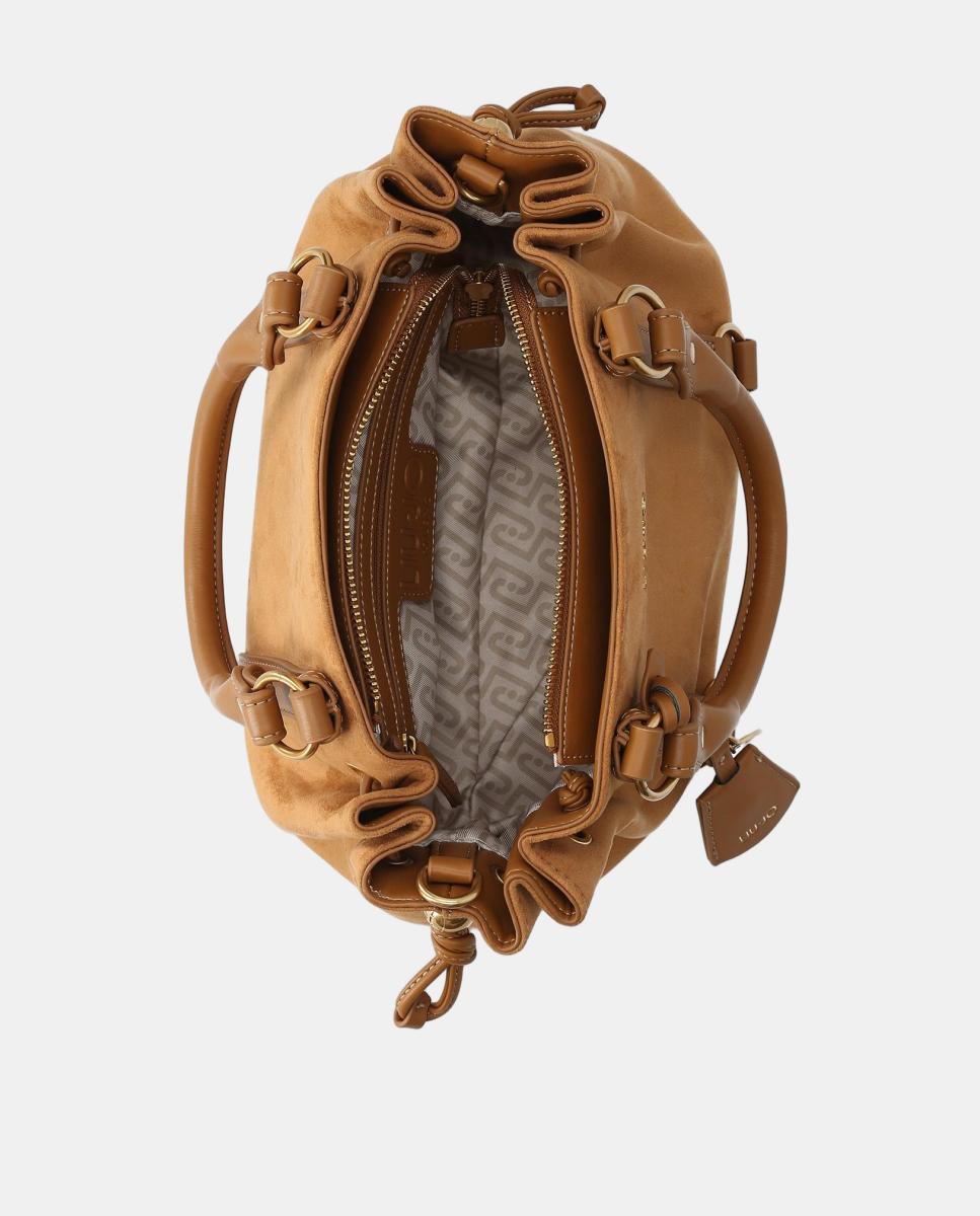 Mala Shopper de Camurcina com Detalhe de Franzidos e Alça Dupla Castanho-4