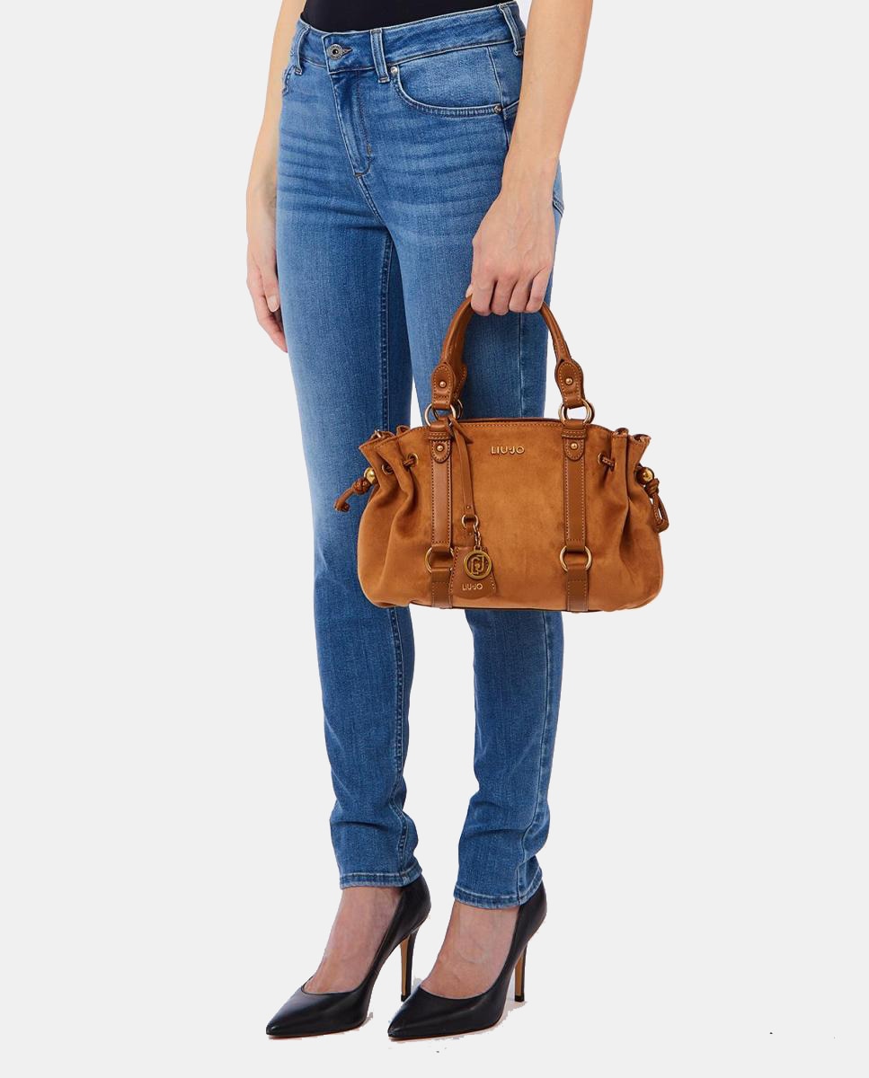 Mala Shopper de Camurcina com Detalhe de Franzidos e Alça Dupla Castanho-5