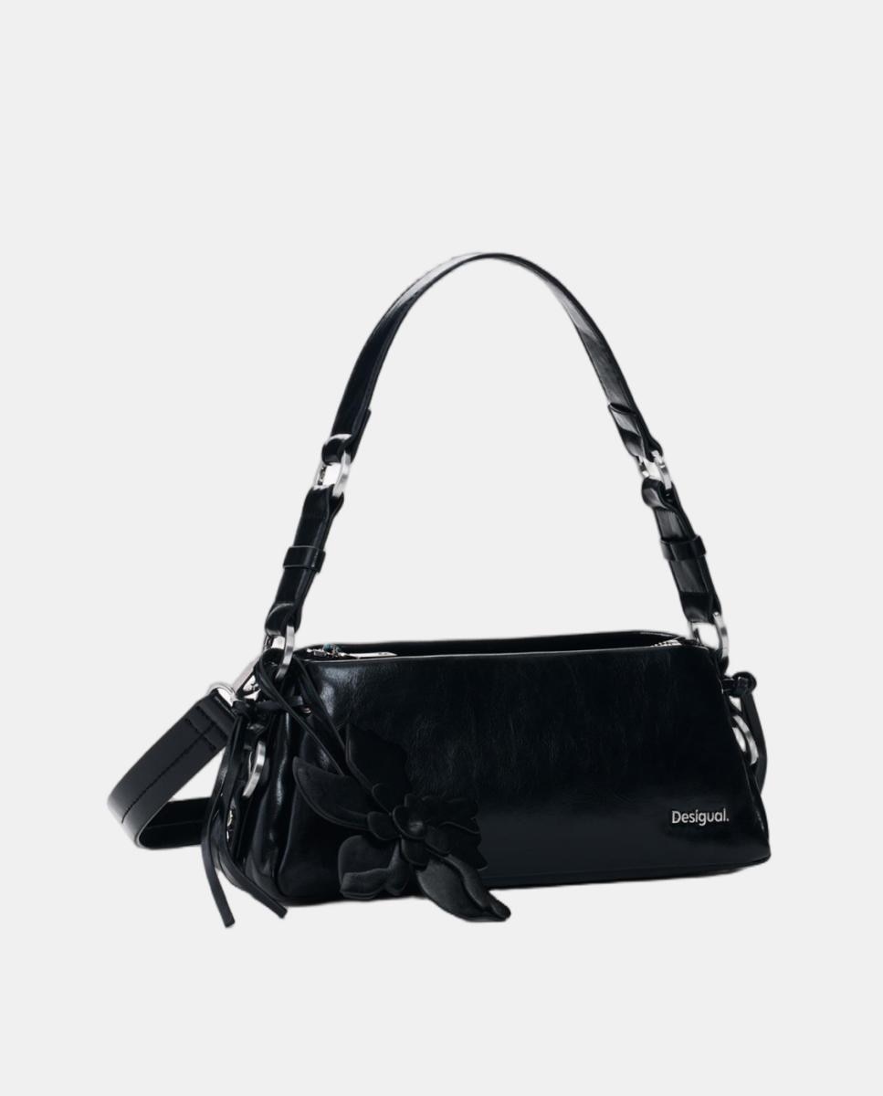 Mala a Tiracolo Pequena com Aplique Floral Preto-2