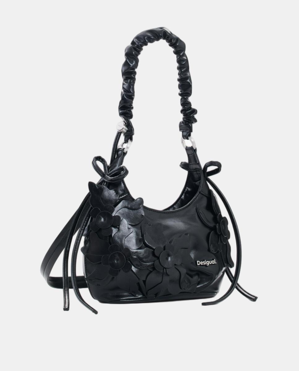Mala Acolchoada Pequena com Aplique Floral Preto-2