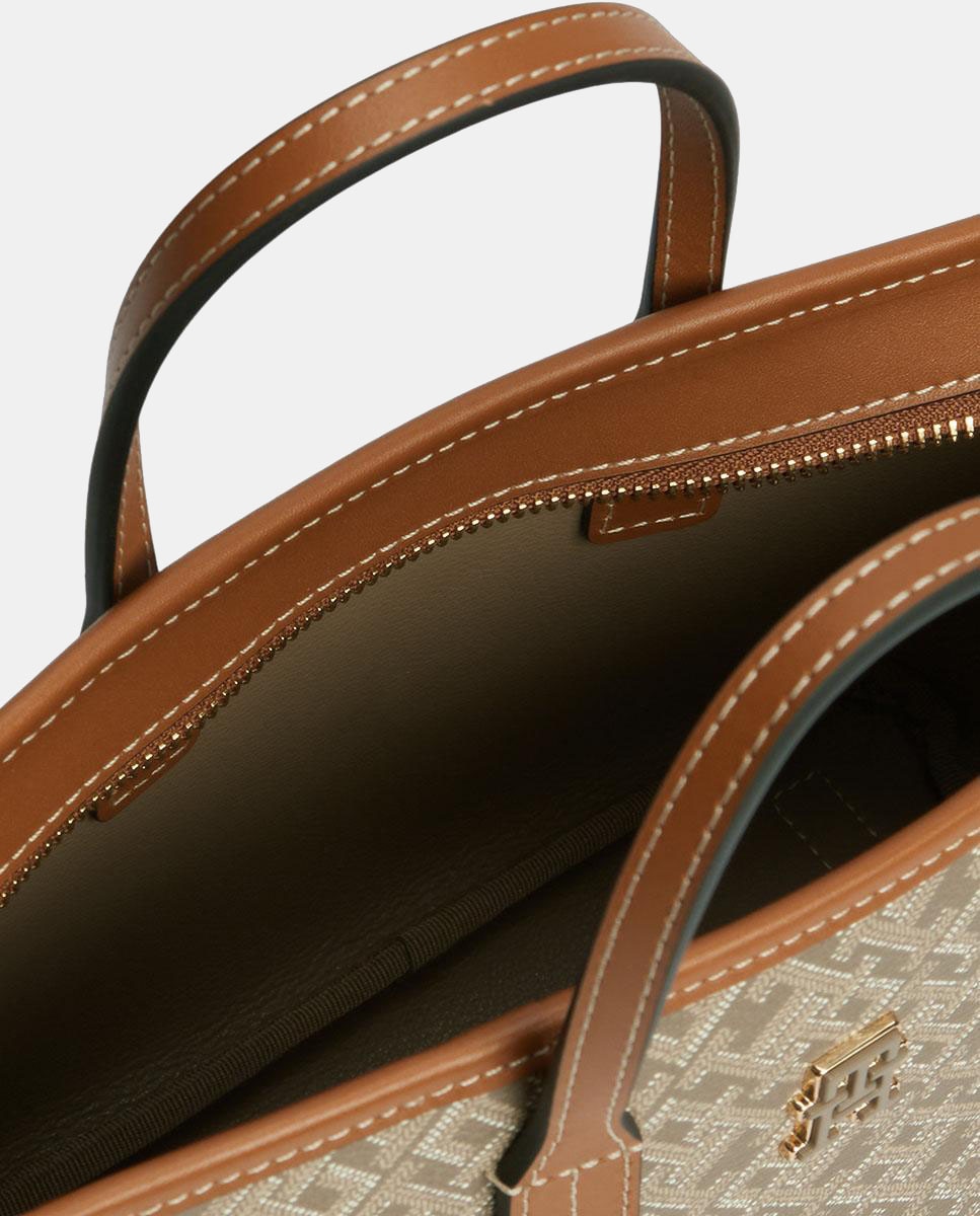 Mala Tipo tote Mini com Estampado de Monograma Bege-3