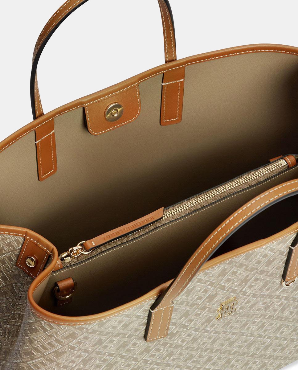 Mala Estilo Satchel com Estampado de Monograma Bege-3