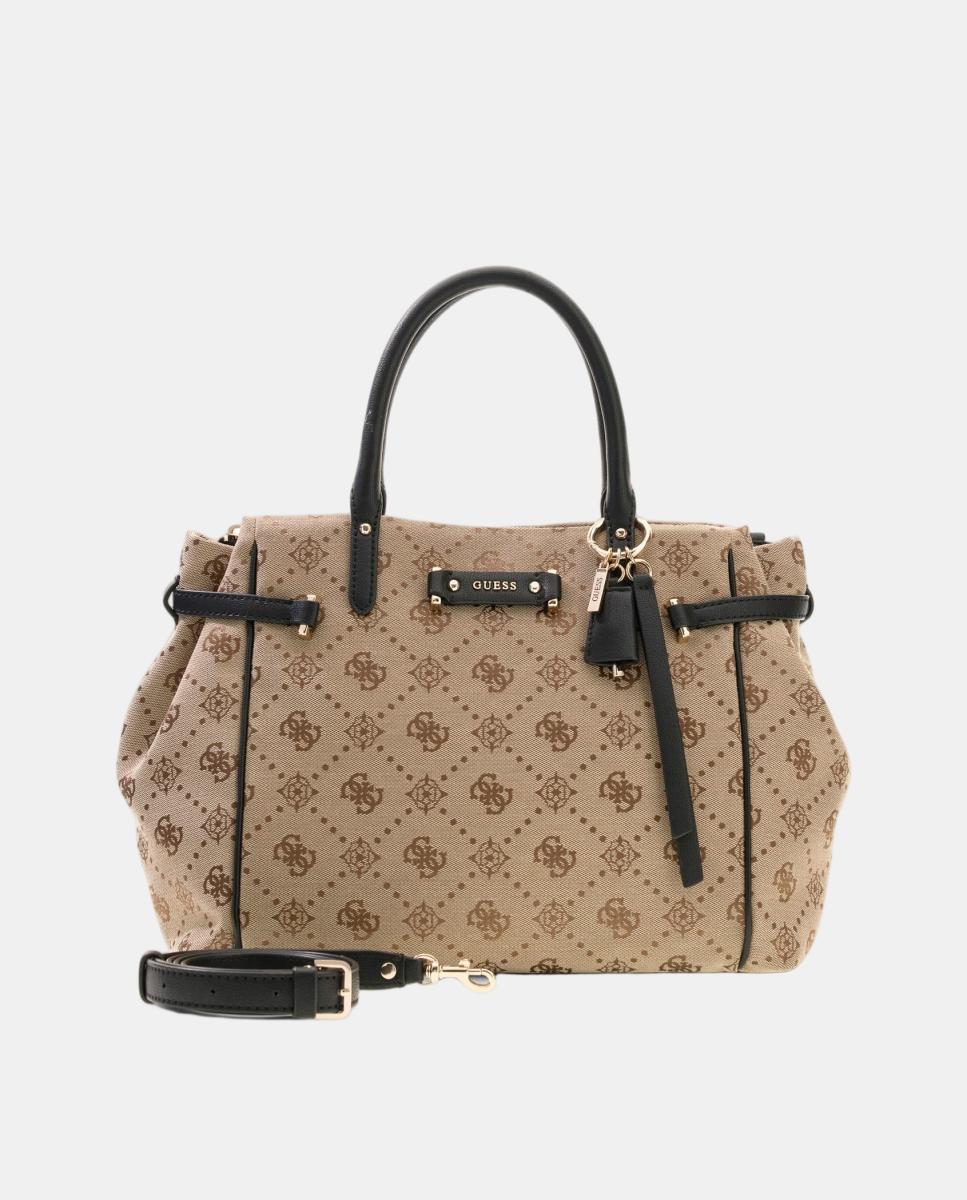 Mala Tipo Satchel com Alça Dupla e Detalhes Ajustáveis Bege-3