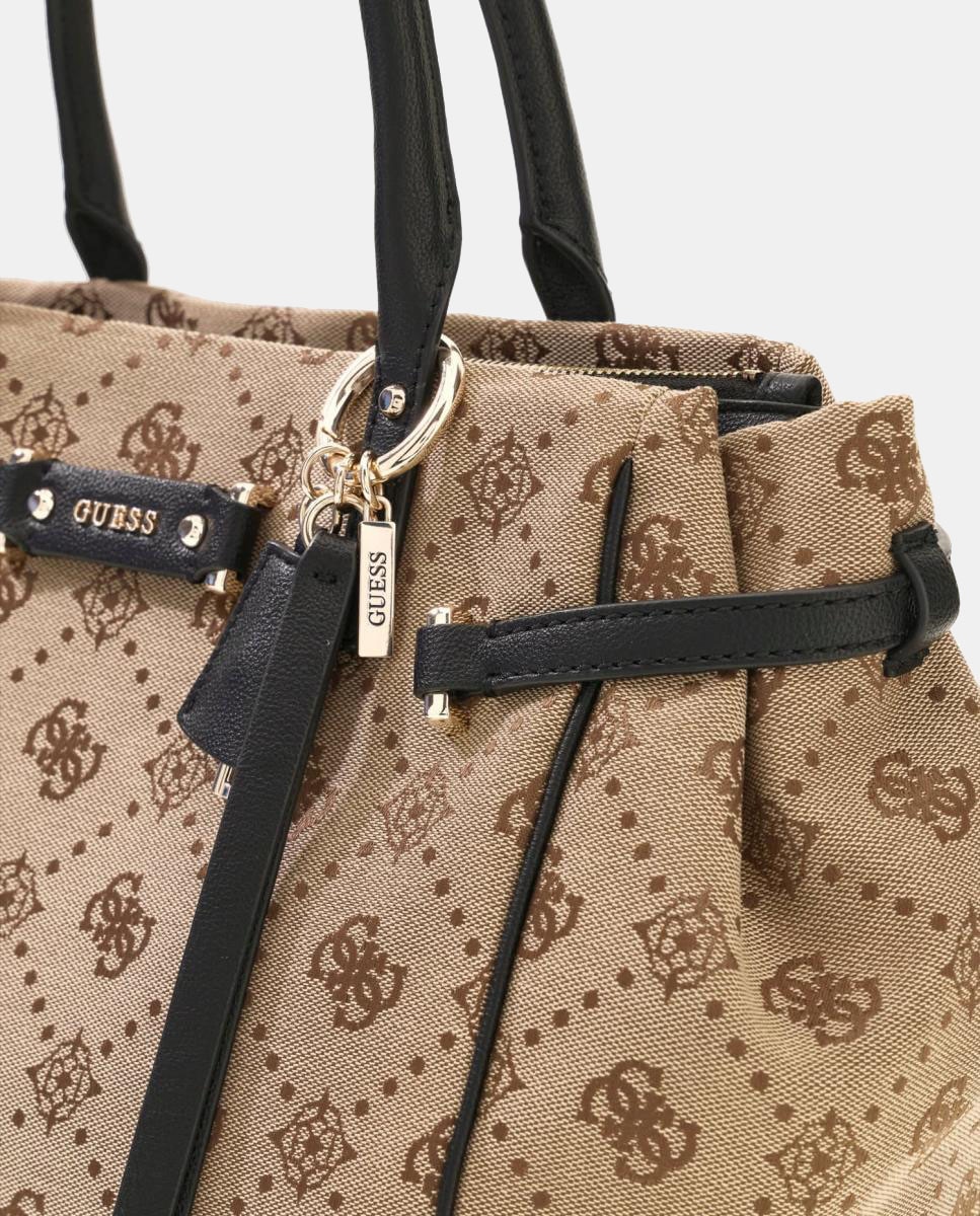 Mala Tipo Satchel com Alça Dupla e Detalhes Ajustáveis Bege-4