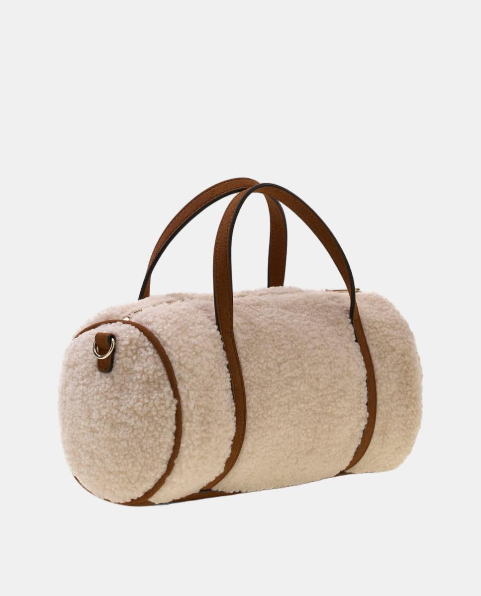 Mala Crossbody com Alça Ajustável e Detalhe de Efeito de Pelo de Borrego Natural-2