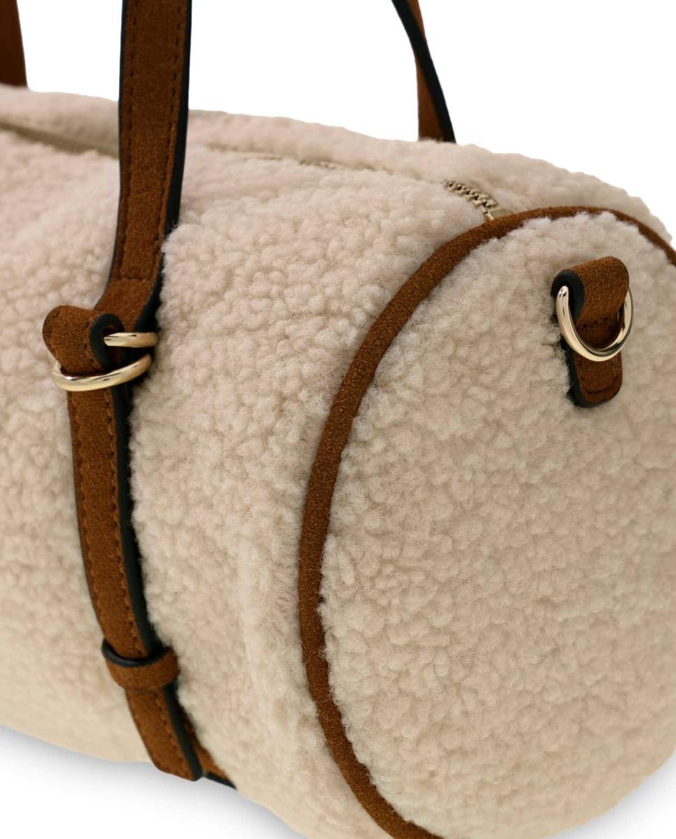 Mala Crossbody com Alça Ajustável e Detalhe de Efeito de Pelo de Borrego Natural-3