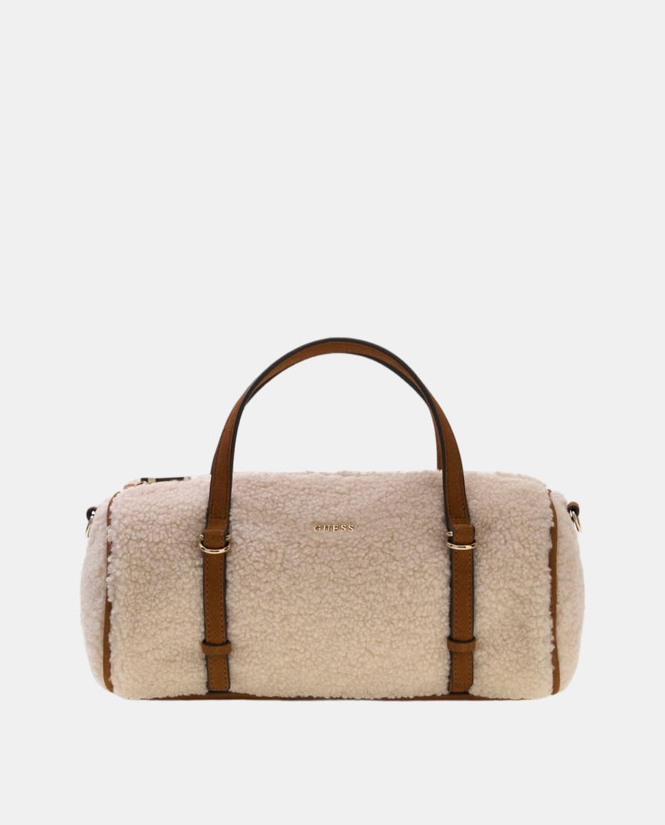 Mala Crossbody com Alça Ajustável e Detalhe de Efeito de Pelo de Borrego Natural-4