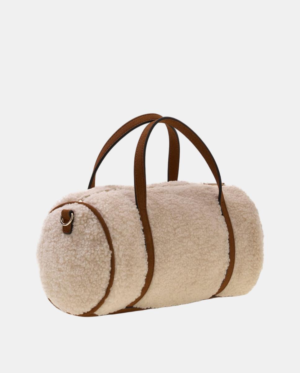 Mala Crossbody com Alça Ajustável e Detalhe de Efeito de Pelo de Borrego Natural-5