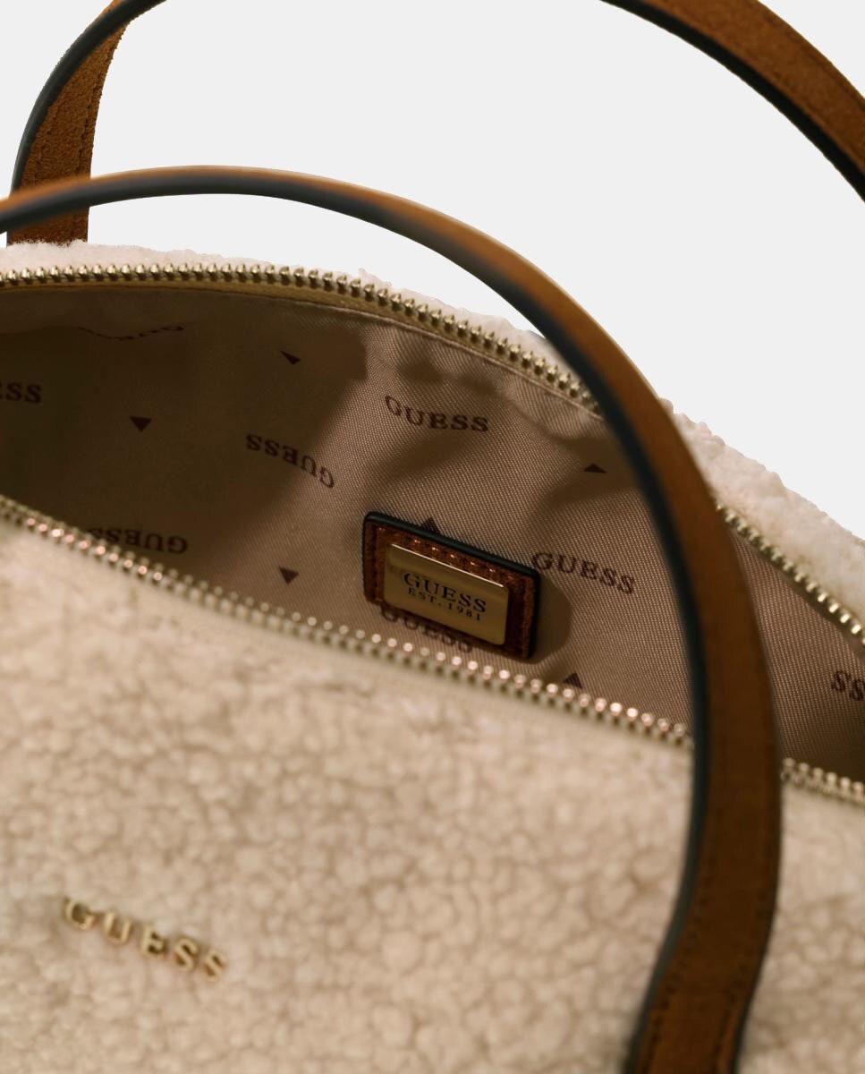 Mala Crossbody com Alça Ajustável e Detalhe de Efeito de Pelo de Borrego Natural-6