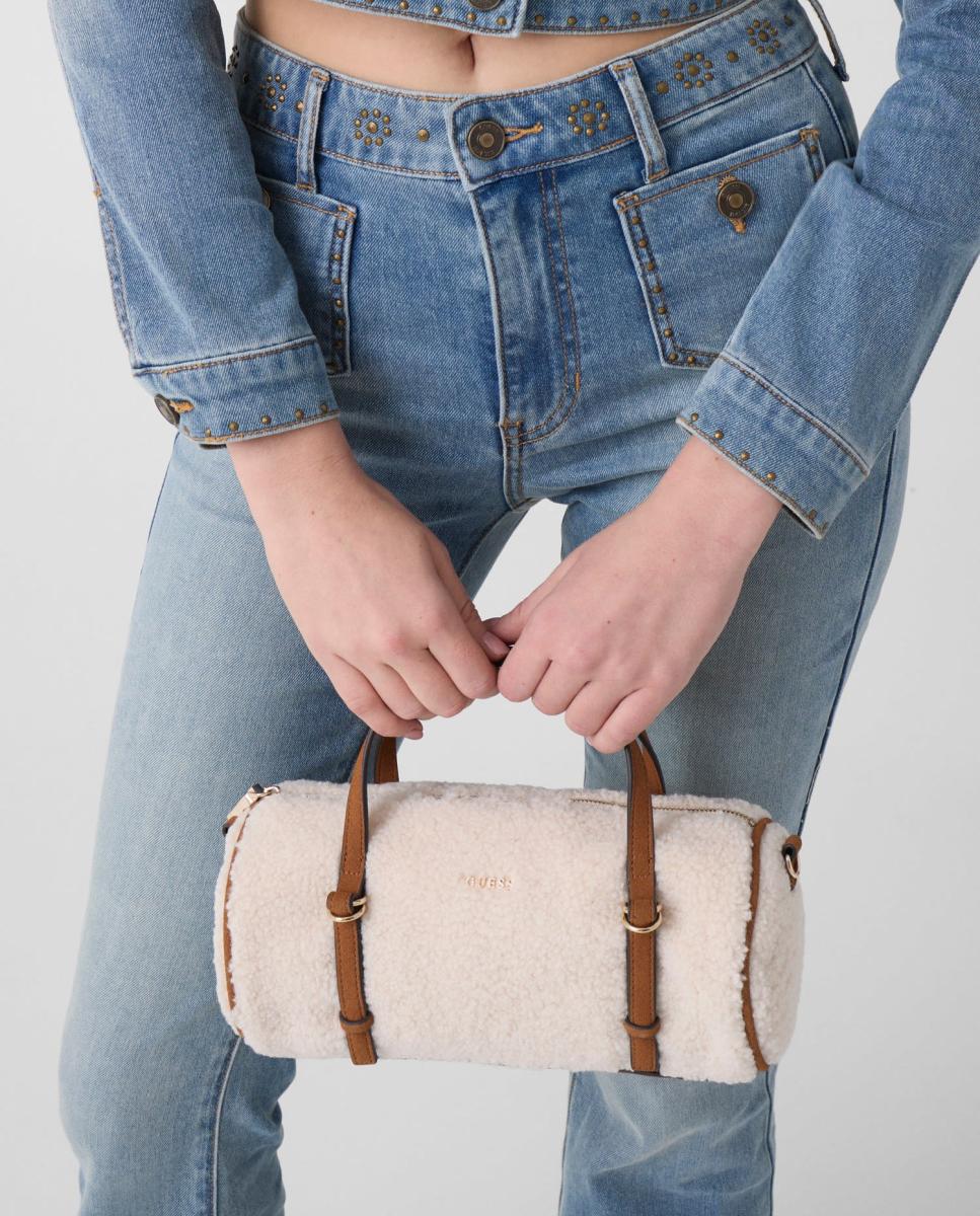 Mala Crossbody com Alça Ajustável e Detalhe de Efeito de Pelo de Borrego Natural-7