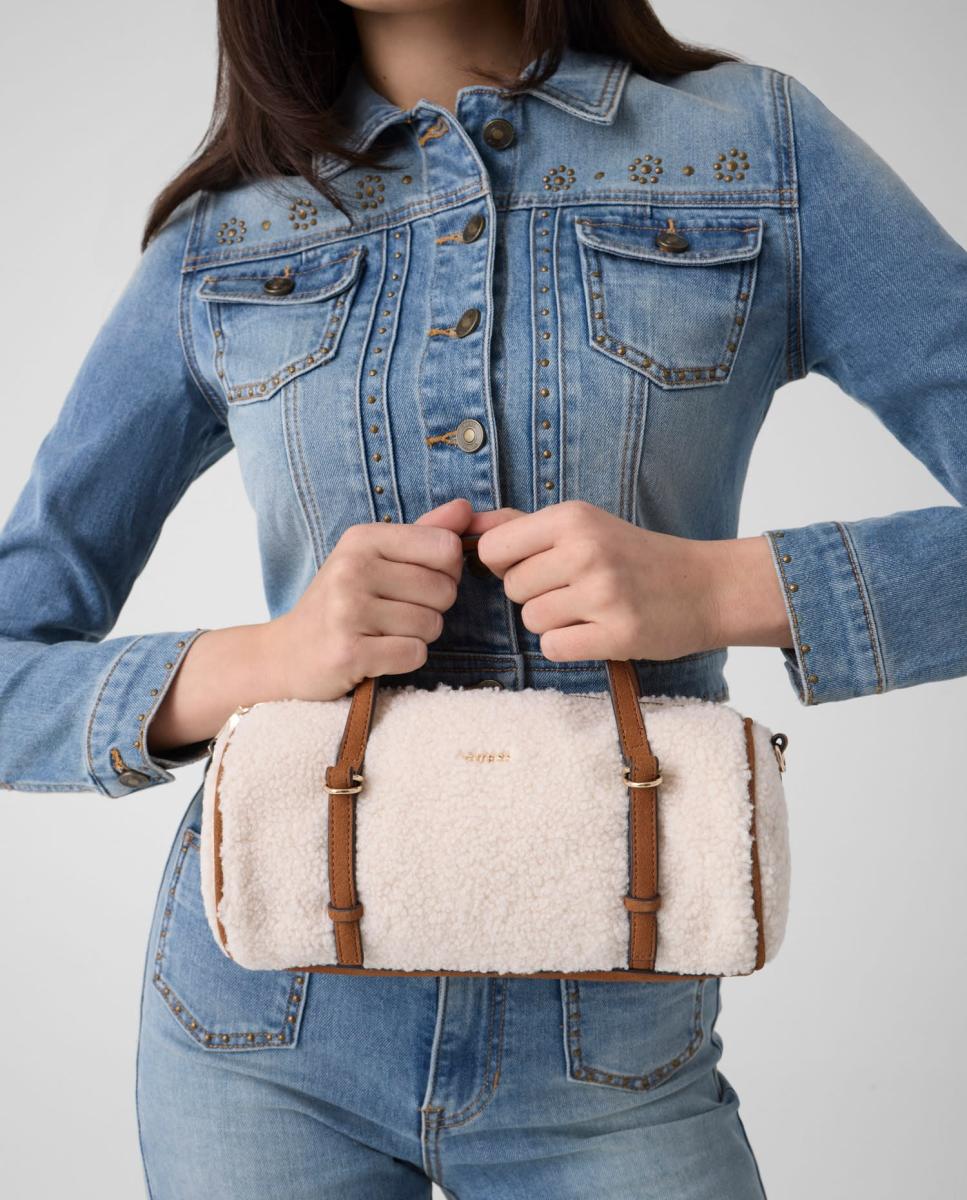 Mala Crossbody com Alça Ajustável e Detalhe de Efeito de Pelo de Borrego Natural-8