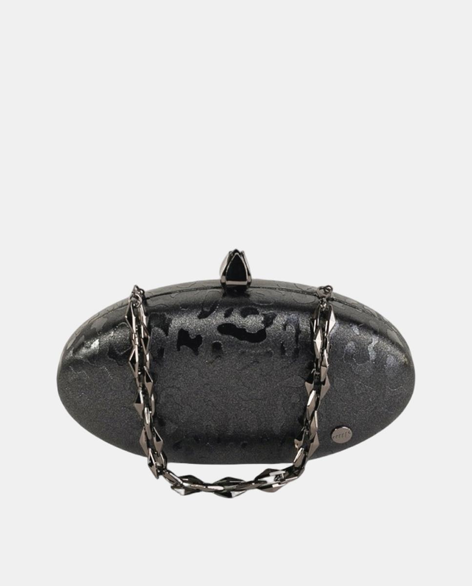 Imagen 0 de Clutch ovalado acabado efecto animal print metalizado con cierre joya y asa cadena Negro