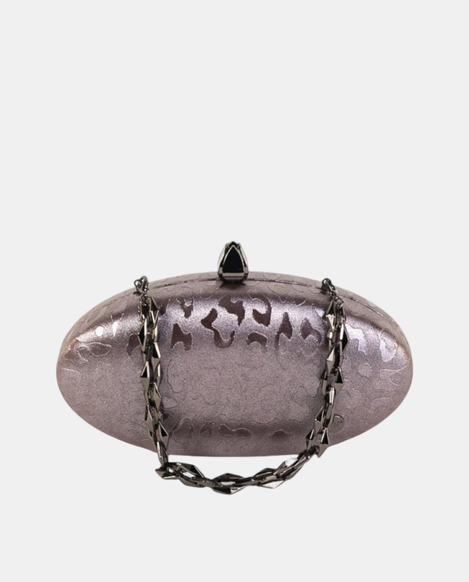 Imagen 0 de Clutch ovalado acabado efecto animal print metalizado con cierre joya y asa cadena Morado