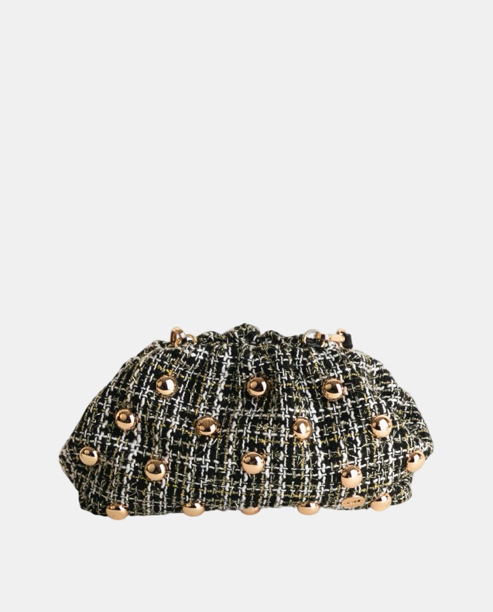 Imagem 0 de Mala Clutch de Festa em Tweed com Tachas Grandes Douradas e Alça de Tiracolo Opcional
