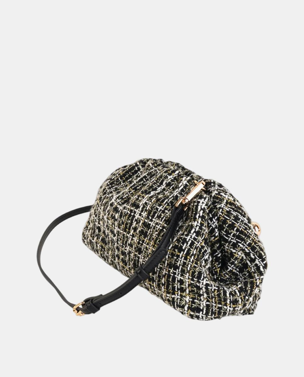 Mala Clutch de Festa em Tweed com Tachas Grandes Douradas e Alça de Tiracolo Opcional Preto-2