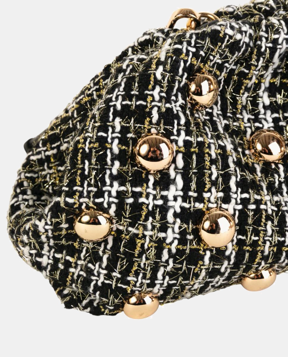 Mala Clutch de Festa em Tweed com Tachas Grandes Douradas e Alça de Tiracolo Opcional Preto-3