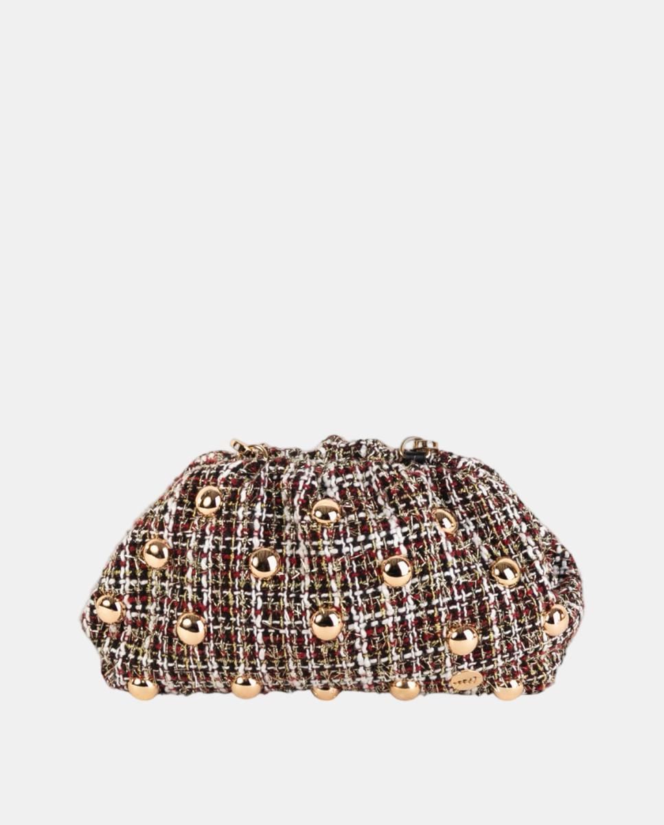 Imagem 0 de Mala Clutch de Festa em Tweed com Tachas Grandes Douradas e Alça de Tiracolo Opcional