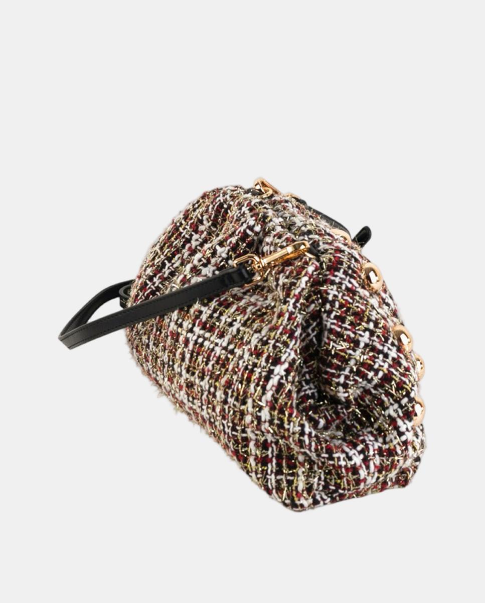 Mala Clutch de Festa em Tweed com Tachas Grandes Douradas e Alça de Tiracolo Opcional Grená-2