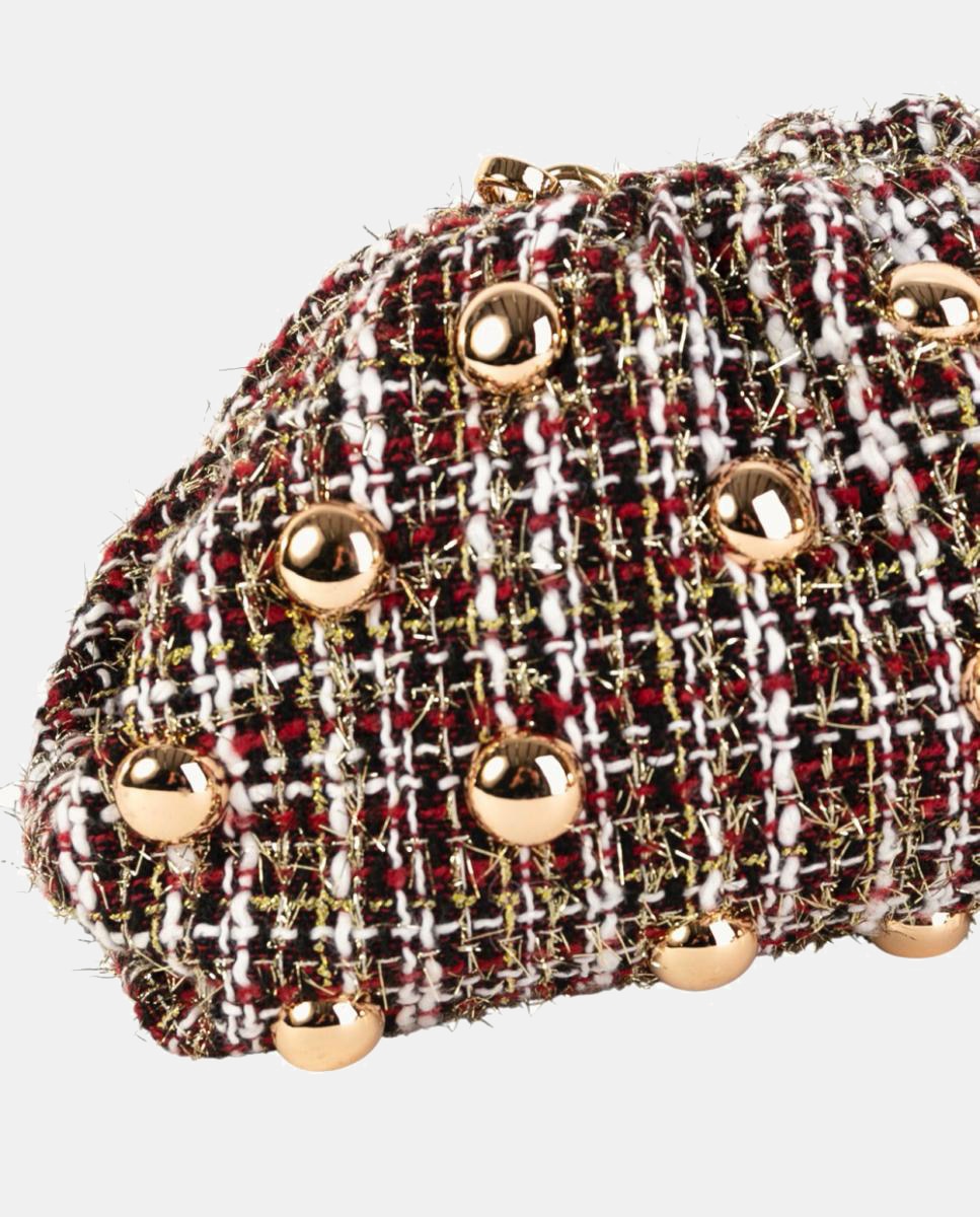 Mala Clutch de Festa em Tweed com Tachas Grandes Douradas e Alça de Tiracolo Opcional Grená-3
