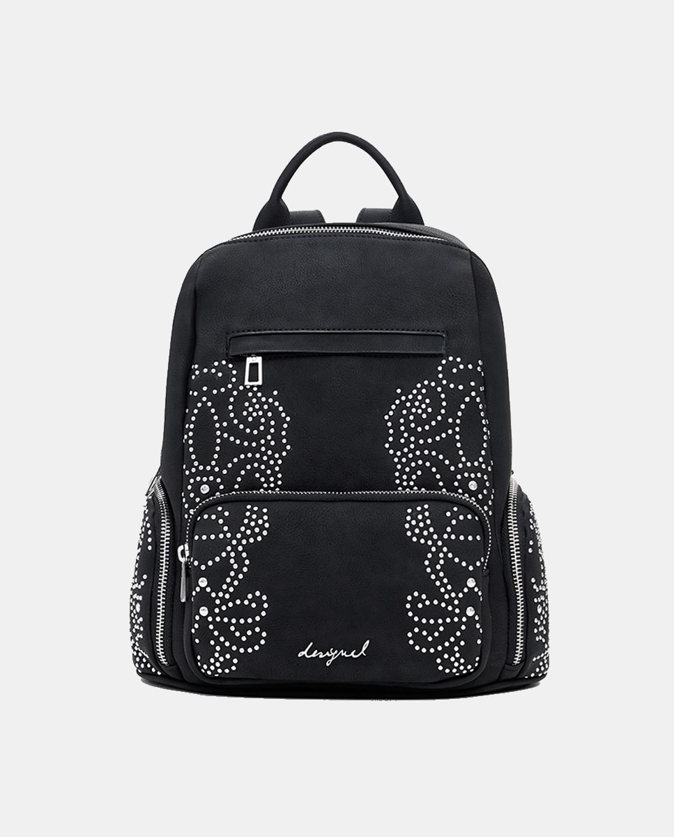 Mochila Pequena com Bolsos e Tachas Preto-1