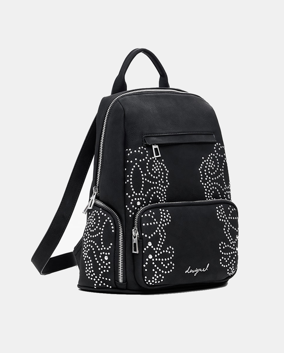 Mochila Pequena com Bolsos e Tachas Preto-2