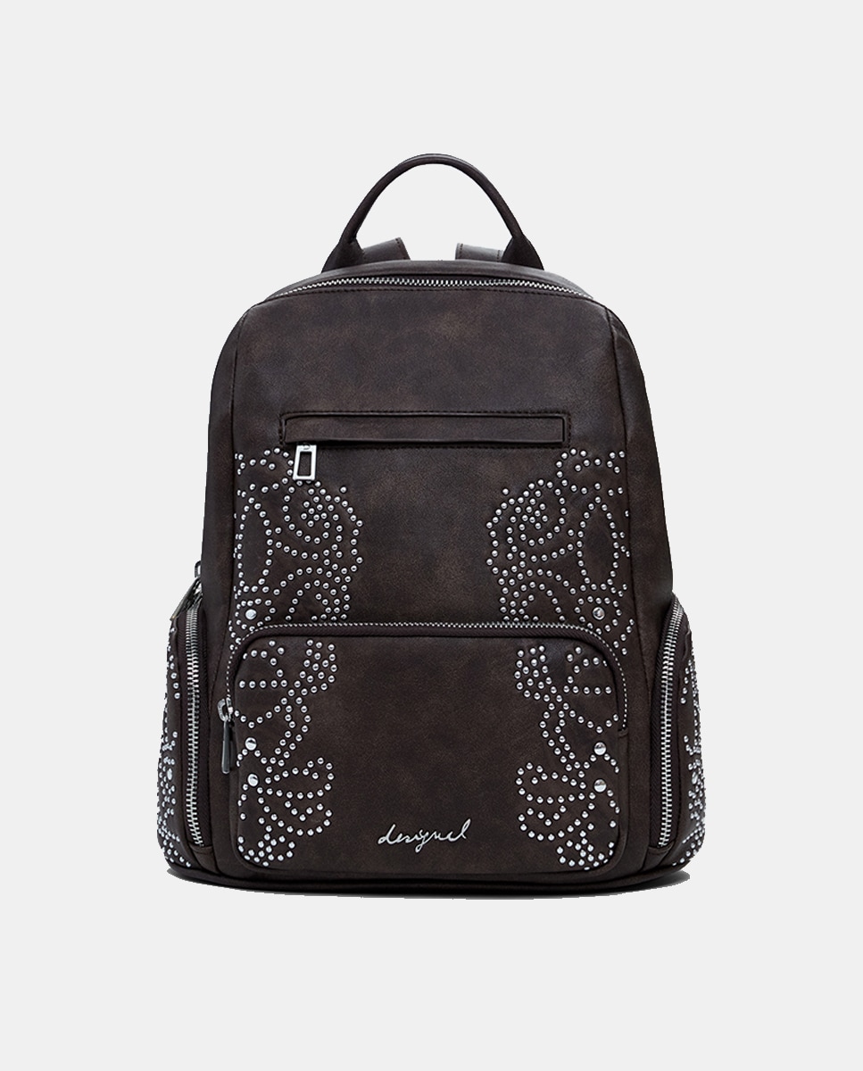 Mochila Pequena com Bolsos e Tachas Castanho-escuro-1