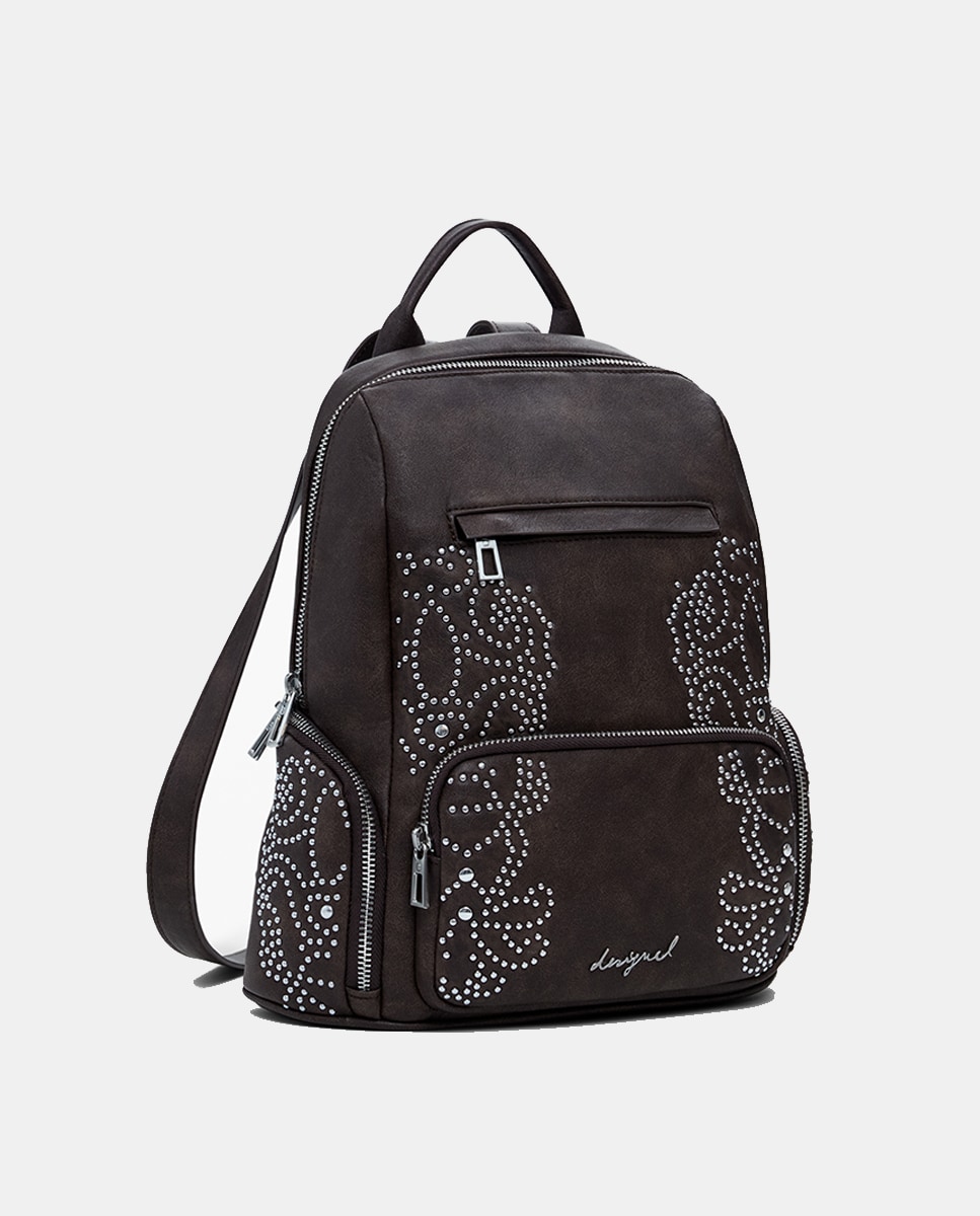 Mochila Pequena com Bolsos e Tachas Castanho-escuro-2