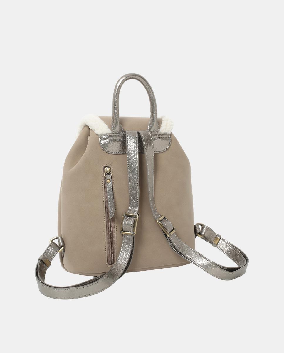Mochila de PU com Pelo de Borrego Taupe-2