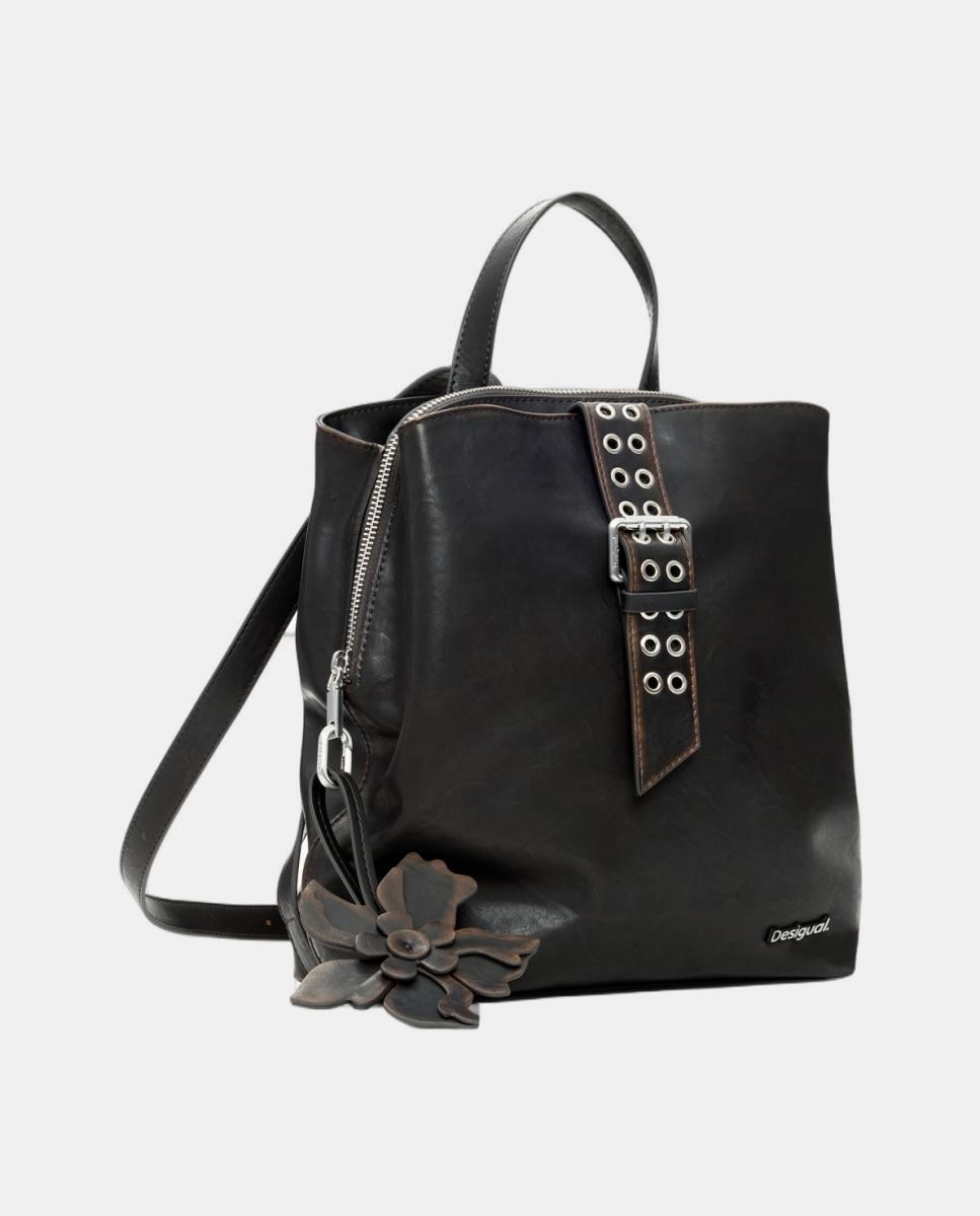 Mochila Pequena com Apliques Florais Castanho-escuro-2