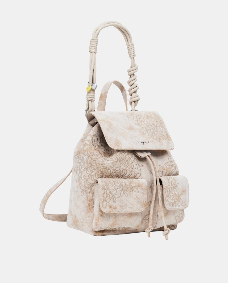 Mochila Pequena com Bordados Bege-2